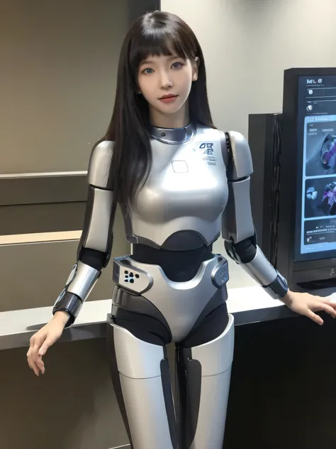 masterpiece, best quality, extremely detailed, (8K, 4K, Best Quality, hight resolution, A high resolution:1.1), 8K portrait,1girl in, Korean android girl,aespa karina,android teacher,Plump , control panels,android,Droid,Mechanical Hand, ,Robot arms and leg...