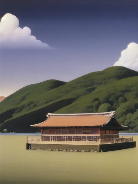 arafed view of a mountain with a lake and a building, by Tōshi Yoshida, inspired by Hasui Kawase, hasui kwase, by Kanō Sansetsu, inspired by Kawase Hasui, inspired by Tōshi Yoshida, by Hasegawa Settan, inspired by Ogata Kōrin