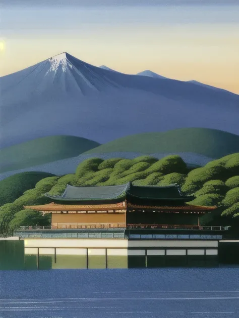 arafed view of a mountain with a lake and a building, by Tōshi Yoshida, inspired by Hasui Kawase, hasui kwase, by Kanō Sansetsu, inspired by Kawase Hasui, inspired by Tōshi Yoshida, by Hasegawa Settan, inspired by Ogata Kōrin