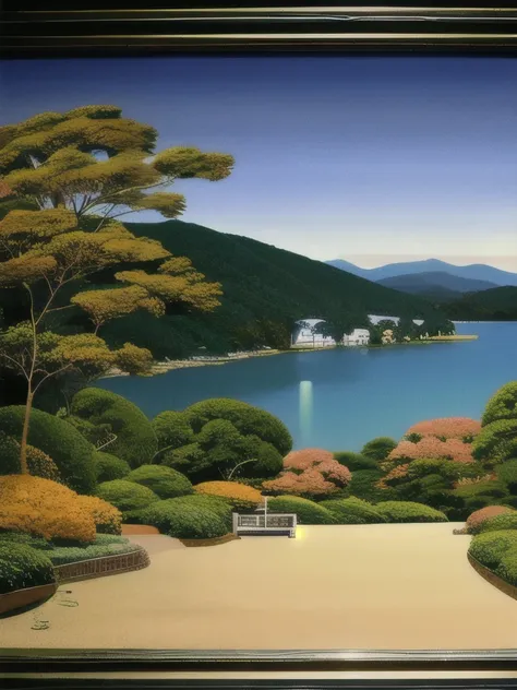 arafed view of a mountain with a lake and a building, by Tōshi Yoshida, inspired by Hasui Kawase, hasui kwase, by Kanō Sansetsu, inspired by Kawase Hasui, inspired by Tōshi Yoshida, by Hasegawa Settan, inspired by Ogata Kōrin