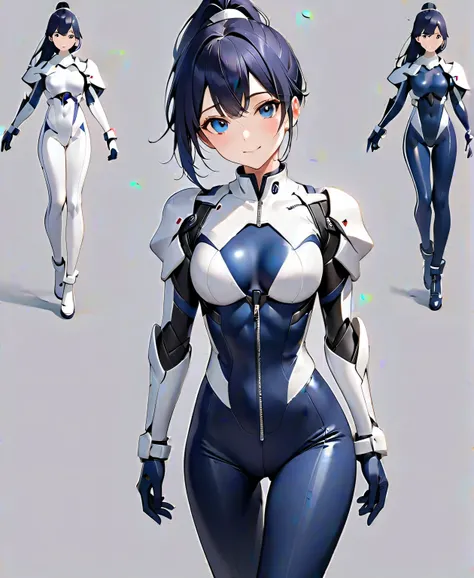 (​masterpiece、 top quality 、 highest resolution、Clear image、 detailed images、 The angle is from above ): ( A Japanese woman 、 high knot ponytail、 Dark Blue Hair 、Sparkling Blue Eyes、( white and navy blue pilot suit with enamel finish、 white and dark blue f...