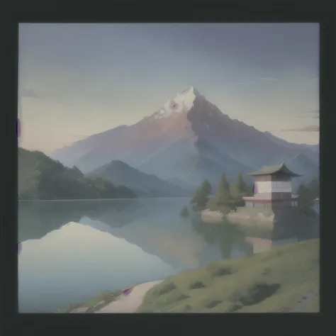 arafed view of a mountain with a lake and a building, by Tōshi Yoshida, inspired by Hasui Kawase, hasui kwase, by Kanō Sansetsu, inspired by Kawase Hasui, inspired by Tōshi Yoshida, by Hasegawa Settan, inspired by Ogata Kōrin