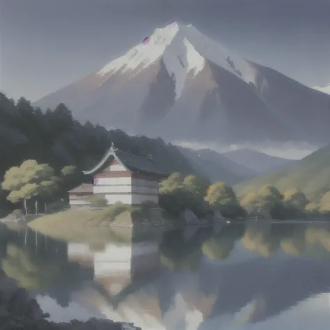 arafed view of a mountain with a lake and a building, by Tōshi Yoshida, inspired by Hasui Kawase, hasui kwase, by Kanō Sansetsu, inspired by Kawase Hasui, inspired by Tōshi Yoshida, by Hasegawa Settan, inspired by Ogata Kōrin