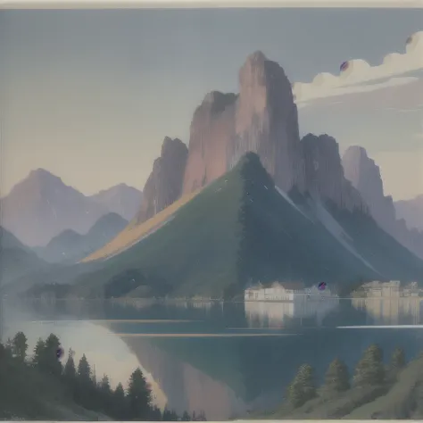 arafed view of a mountain with a lake and a building, by Tōshi Yoshida, inspired by Hasui Kawase, hasui kwase, by Kanō Sansetsu, inspired by Kawase Hasui, inspired by Tōshi Yoshida, by Hasegawa Settan, inspired by Ogata Kōrin