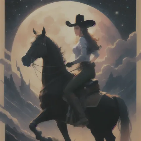 a close up of a person riding a horse in front of a full moon, poster art inspired by Cyril Rolando, trending on cgsociety, fantasy art, the cowboy in the weird west, weird west, jen bartel, beautiful cowboy witch, cyberpunk wild west, western art, cyber w...