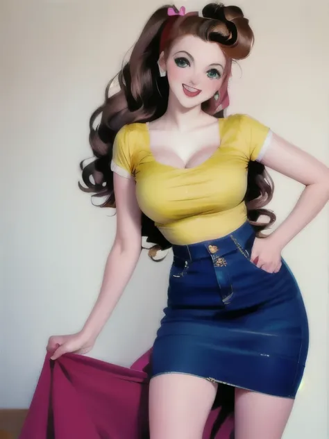 arafed woman in a yellow top and a floral skirt posing for a picture, pinup style, 50s style, 5 0 s style, rockabilly style, inspired by Bunny Yeager, 1 9 5 0 s style, floral!, by Evelyn Abelson, eighties pinup style, like rolf armstrong style, vintage clo...