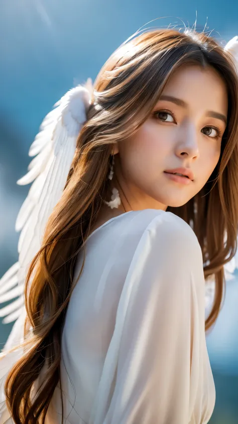 a beautiful girl, long detailed hair, white feathery wings, flying on the cloud, soft dramatic lighting, (best quality,4k,8k,highres,masterpiece:1.2),ultra-detailed,(realistic,photorealistic,photo-realistic:1.37),detailed eyes, detailed nose, detailed lips...