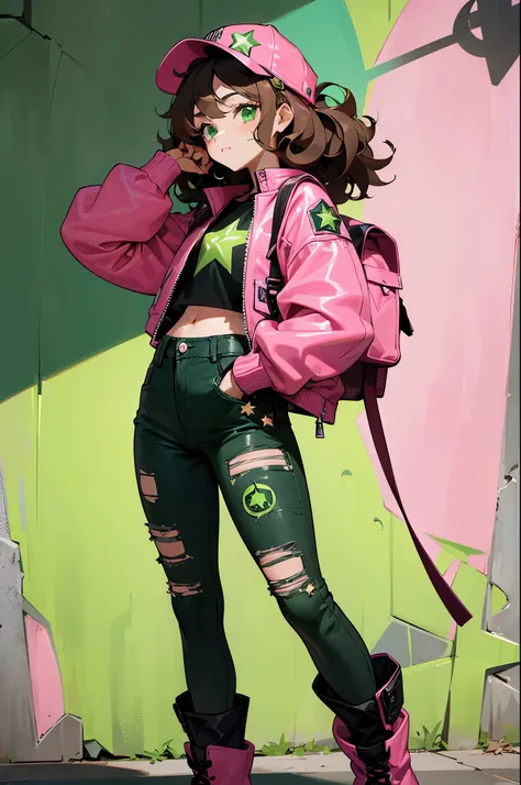 A young woman with messy curly brown hair styled under a pink cap turned backwards. Her bright green eyes have a calm but confident expression. Shes dressed in a cropped pink leather jacket with a star patch on the back, black ripped skinny jeans, and gree...