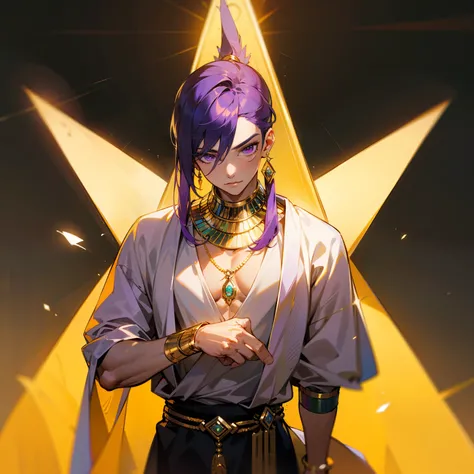 (masterpiece, best quality), being with straight purple hair, male, masculine, detailed and bright purple eye, wearing elegant white and purple Egyptian clothing, shining golden pendants, background with majestic Egyptian kingdom, spiritual aura