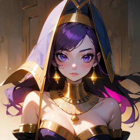 (masterpiece, best quality), being with straight purple hair, female, detailed and bright purple eye, wearing elegant white and purple Egyptian clothing, shining golden pendants, background with majestic Egyptian kingdom, spiritual aura