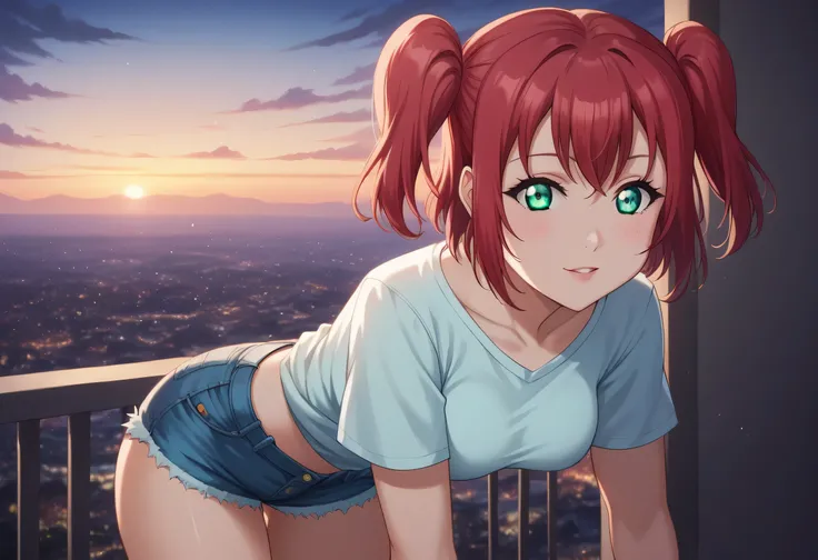 ruby kurosawa, short hair, bangs, green eyes, red hair, aqua eyes, two side up, medium breasts, short shorts, 8k realistic night city, masterpiece, best quality, girl, beautiful face, clean skin, shiny hair, shiny skin, relista high quality 8k beautiful fa...