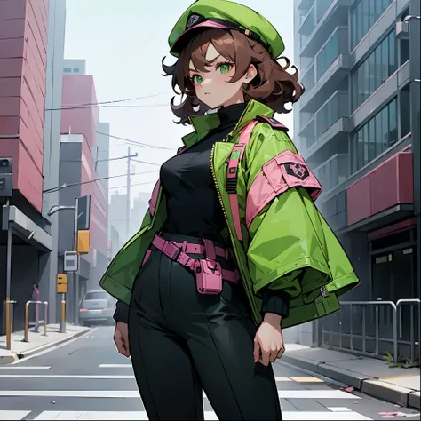 1female ,Pink Cap, Messy Curly Hair , Brown Hair , Bright Green Eyes , Serious Expression , Pink Baggy Combat Jacket, Fitted Black Turtleneck underneath,Green Belt, Fitted Black Pants, standing on sidewalk , Modern City Background perfect generation , Curv...