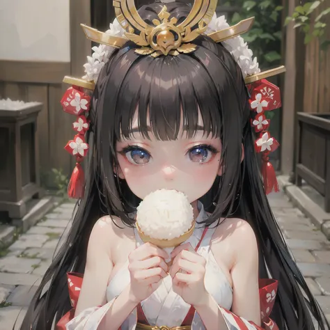  masterpiece, (textured skin), best quality,fantasy, 1girl, japanese goddes, eating rice cake,detailed clothes, (beautiful face), cinematic lighting, ,