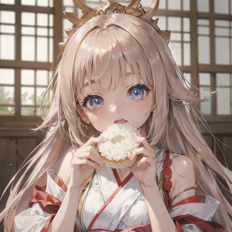  masterpiece, (textured skin), best quality,fantasy, 1girl, japanese goddes, eating rice cake,detailed clothes, (beautiful face), cinematic lighting, ,