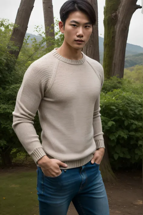 best quality, very detailed face, detailed fingers, asian man, brown medium hair, skinny, sexy posing, wearing sweater and jeans, beautiful nature view