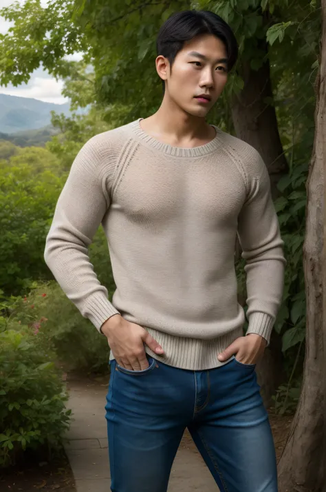 best quality, very detailed face, detailed fingers, asian man, brown medium hair, skinny, sexy posing, wearing sweater and jeans, beautiful nature view