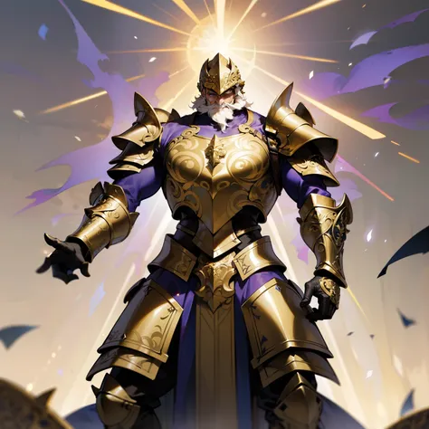 (masterpiece, best quality), imposing man with white crew cut hair and large thick beard, black eye with purple rays of light, wearing perfect full armor (ornate shining golden armor:1.3), powerful and warlike presence, majestic and supernatural atmosphere