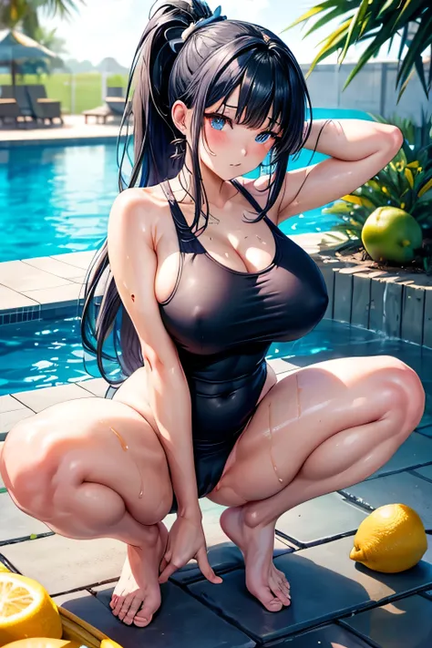 Five Fingers, No extra hands needed,  anime art style ,
 High Definition ,  High Quality ,  One girl , dark blue hair,ponytail,long hair,blunt bangs, dark blue eyes,heart shaped pupils,[[pale skin]], glossy skin,  Super Big Breasts , HH size bust,beautiful...