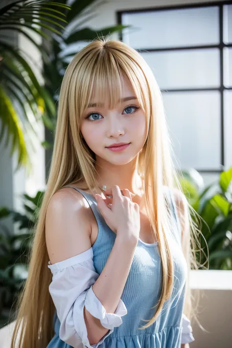 女の子1 person, Blonde, bangs,  long hair,  straight hair , The pupils shine,  has long eyelashes, Compensate, bright eyes,( blue eyes)  Light Smile, Depth odebt the bounds written, 1 person&#39;s perspective, debtrom below, Wide angle, debt/1.8, 135mm, Canon...