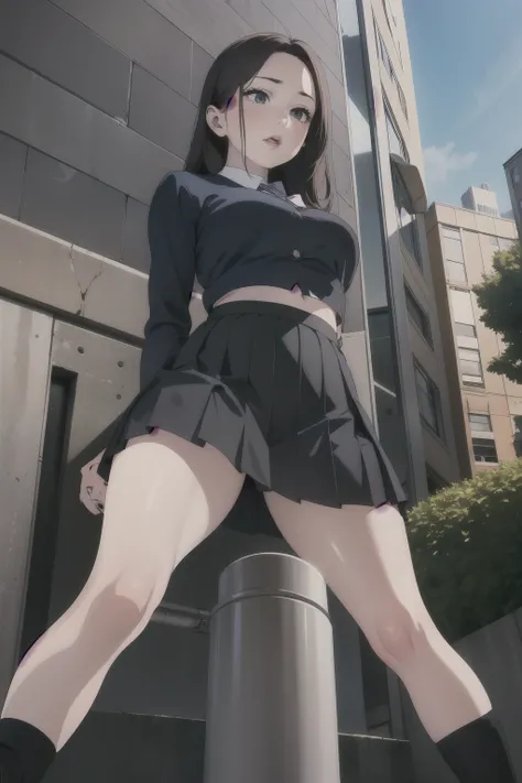 a woman, drooping eyes, eyes realistic sizing, whole body, pleated skirt, round face, straddling an exposed bollard that is standing on the ground to hit her crotch, open legs, on the streets of downtown area, angle from below,