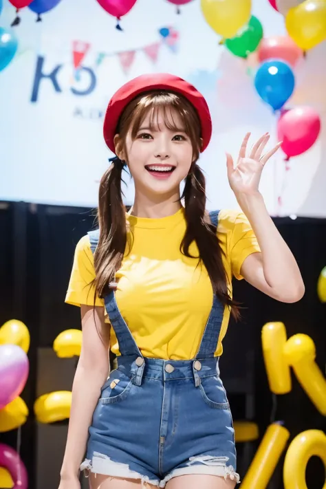 Red beret、 brown hair on one woman、 low twin tails、With bangs、 shows teeth and laughs 、 raise your hands and 、Big Breasts、 slim body、 yellow shirt in blue denim overalls 、 blue denim shorts、 white knee-high socks 、 is standing in front of a gate made of co...