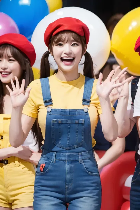 Red beret、 brown hair on one woman、 low twin tails、With bangs、 shows teeth and laughs 、Big Breasts、 slim body、 yellow shirt in blue denim overalls 、 blue denim shorts、They are looking at the front and waving their hands、 is standing in front of a gate made...