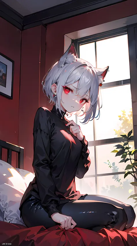 (ulzzang-6500:0,5). (Tomboy) Vampire with  ( short silver Pixie hair ).  Wearing a long sleeve black top and black leggings .  well-proportioned body . sharp vampire fangs ,  intense red eyes and a red earring on her right ear .  kneeling on a white bed wi...