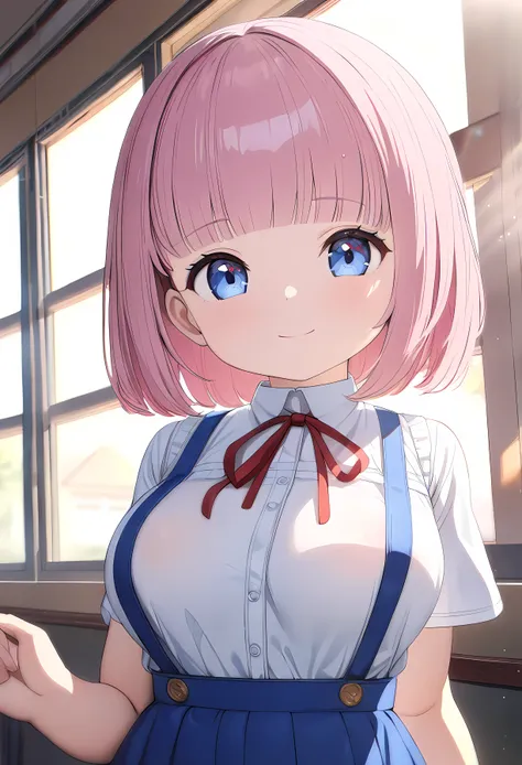 ultra-detailed, (1 person, , Petite body, , loli:1.5), ( white blouse, blue suspender skirt, red chest ribbon :1.3), ( innocent smile, Beautiful light blue eyes:1.2), (blunt bangs, bob hair, pink hair:1.1), ( very big breasts:1.3), School, classroom, ...