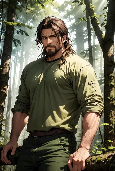 "A hunter sitting on a log in a dense forest clearing, his rugged, weathered features reflecting a life of hard work and survival. His medium-length, disheveled brown hair falls slightly over his piercing dark green eyes, which hold an intense, intimidatin...