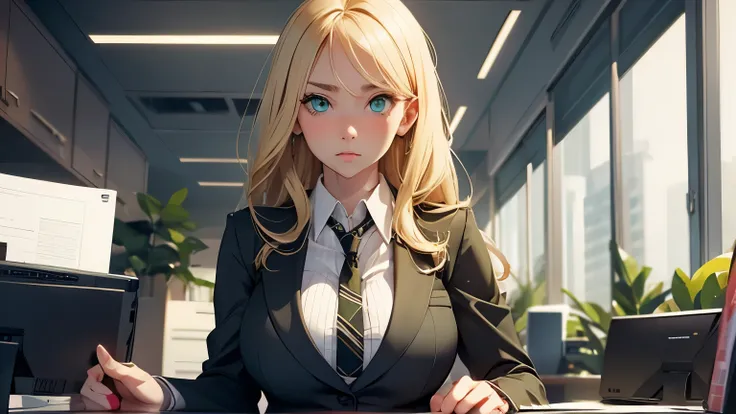  a blonde girl with green eyes ,  with office suit,  with big breasts, Shes in an office and shes looking away a little embarrassed. 