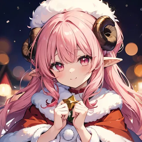 An anime-style close-up illustration of ‘Fua-chan’ dressed in a cheerful Santa Claus costume, smiling brightly with festive joy. Fua-chan has long pink hair styled ((in soft curls resembling sheep’s horns,)) and her pink eyes shine with excitement and warm...