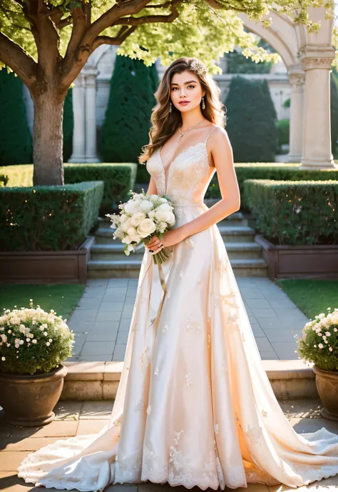 A beautiful 20-year-old woman dressed in a stunning wedding gown with intricate golden details. The gown is made of delicate lace and satin, with a flowing train and a slight shimmer under the soft sunlight. She holds an elegant bouquet of white roses and ...