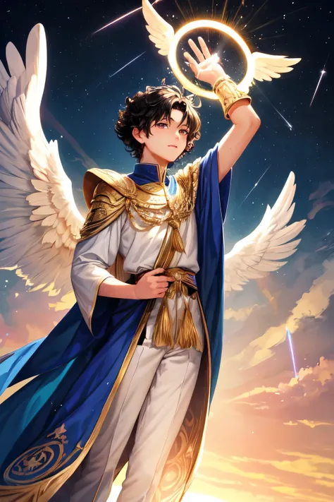 A boy, very handsome young man , with black hair and between curly and wavy, not smooth . May he be a male angel , effeminate, man,  flying in a heavenly sky and having the saints ring of light over his head. Coming down from the sky spreading wings and pr...