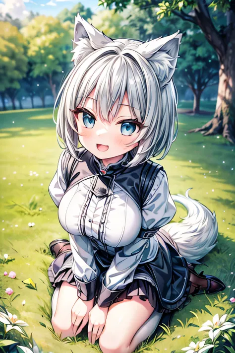 (extremely detailed, 8K resolution, with sharp focus, masterpiece, best quality, Moe Art style, sfw):1.2, 1 cute silver wolf lady, full body, kneeling on the grass in the park, detailed eyes, detailed pupil, contented smile, open mouth, short hair