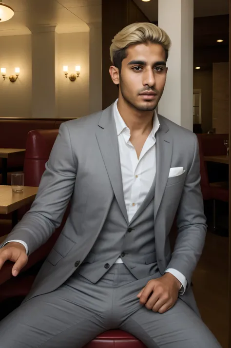 arab man, blond short hair, skinny body, sitting in the restaurant, wearing suit