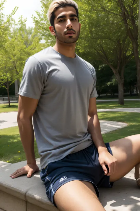 arab man, blond short hair, skinny body, sitting in the park, wearing shorts and t-shirt