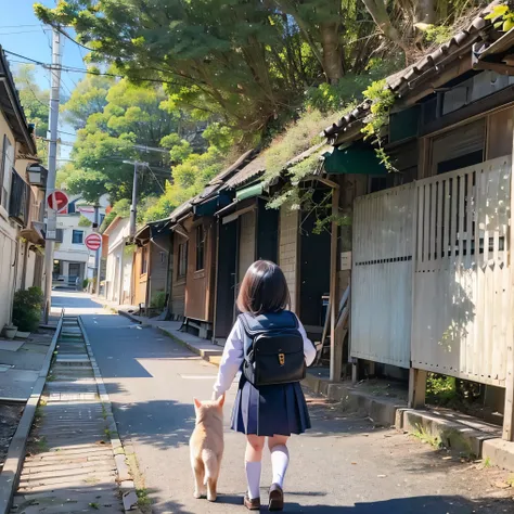         school uniform  、  Shiba Inu girl seen from behind、Chibi、     punch    