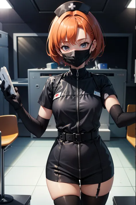 black nurse, 1girl, solo, black nurse cap, black nurse uniform, ((black legwear, zettai ryouiki)), black elbow gloves, very short hair, orange hair, ((black surgical mask, covered nose)), standing, ((surgery room)), sharp outline, short sleeves, tomboy, bo...