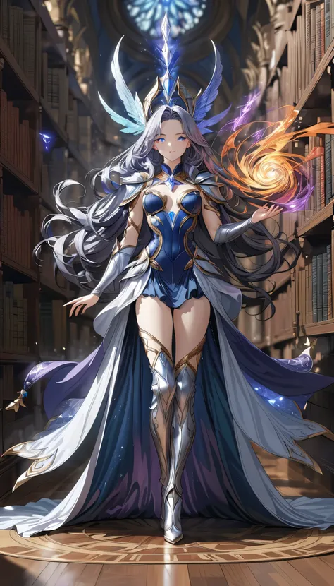 picture of a sorceress casting a spell in magical library, exquisite beautiful woman, dynamic hair color, dynamic hair style, ((full body shot: 1.5)), ((anatomically correct: 1.5)), (ultra detailed face: 1.2), best detailed face, high details, best quality...