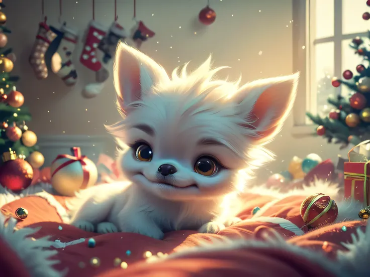 A beautiful, adorable baby Chihuahua made entirely of soft, light pink clouds, peacefully nestled in a bed of fluffy clouds. The baby Chihuahua has a gentle, serene expression on his face as he sleeps, with his soft, dream-like appearance. The surrounding ...