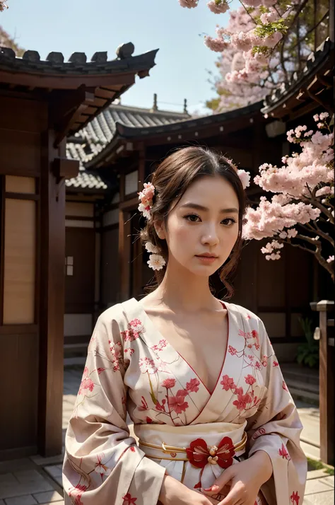 A beautiful geisha standing under blooming sakura trees, detailed intricate kimono, elegant pose, detailed facial features, delicate makeup, detailed hair ornaments, detailed traditional Japanese architecture in the background, warm lighting, vibrant color...