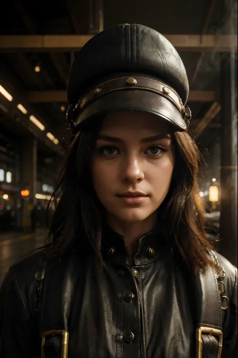 1 girl in an aviator hat, solo, steampunk, train station, steam, smoke, (best quality,4k,8k,highres,masterpiece:1.2),ultra-detailed,(realistic,photorealistic,photo-realistic:1.37),HDR,studio lighting,vivid colors,extremely detailed eyes and face,longeyelas...