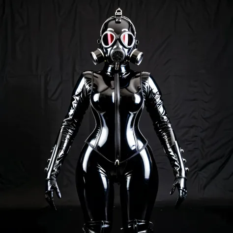 Woman in a black latex suit with gasmask, corset, armbinder
