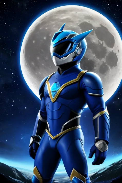 ((best quality)), ((masterpiece)), (detailed), 1man, blue power ranger suit based and designed around the moon, crescent visor, helmet on