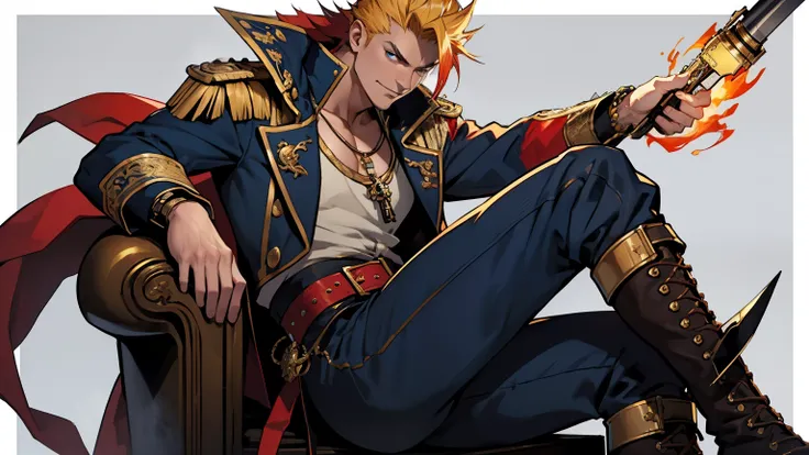 high quality, 1male, spiky blonde hair with red tips, confident smirk, flamboyant posture, wearing a simple blue coat with slight gold trim, plain white shirt, dark pants, and rugged pirate boots, ornate golden pistol on the waist, dramatic and fiery backg...