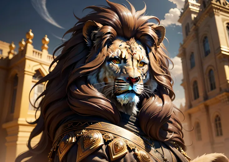 3DMM Style, ( masterpiece ,  superior quality,  best quality , official art, handsome and aesthetic: 1.2), (fractal art: 1.3), 1lion, beautiful, high detailed, gray and brown hair with a touch of gold,  brown eyes, dark ilumination, serious face, looking a...