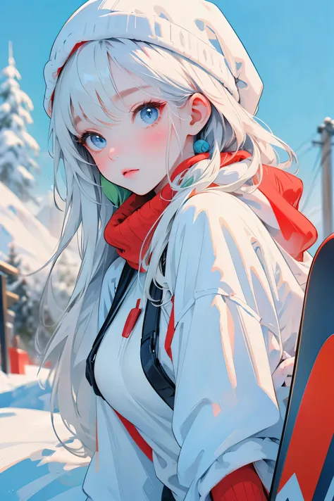 long hair, warm blue eyes ,Black eyebrows、Bright Clear Eyes , facial features are soft and graceful , rich breasts , cool and elegant , refined spirit ,Absolutely flawless 。
My skin is white like snow 、 has a rosy glow , snowy mountains、Slopes、Snowbo...