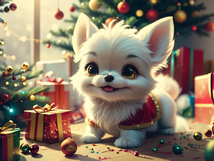 Funny Christmas meme featuring a Chihuahua puppy who has scattered all the presents under the tree. Show the puppy with big surprised eyes looking at the mess around him as if he has nothing to do with it. Add some funny text like: I just came to see whats...