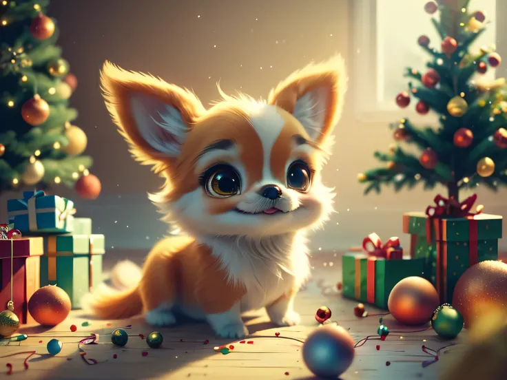 Funny Christmas meme featuring a Chihuahua puppy who has scattered all the presents under the tree. Show the puppy with big surprised eyes looking at the mess around him as if he has nothing to do with it. Add some funny text like: I just came to see whats...