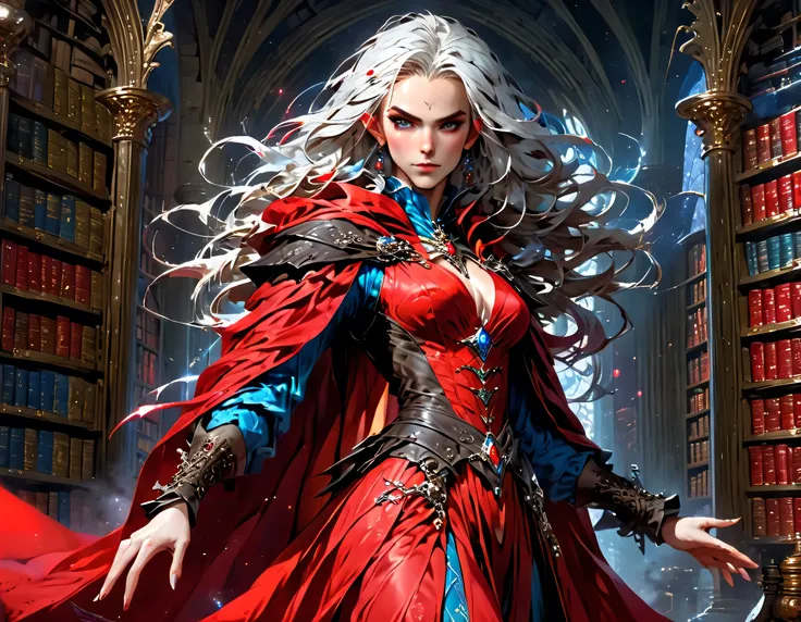 picture of a sorceress casting a spell in magical library, exquisite beautiful woman, dynamic hair color, dynamic hair style, ((full body shot: 1.5)), ((anatomically correct: 1.5)), (ultra detailed face: 1.2), best detailed face, high details, best quality...